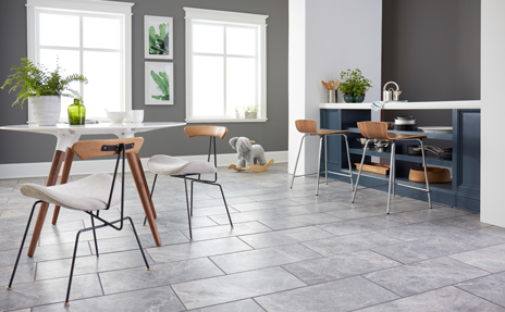 grey tile flooring in kitchen and dining room